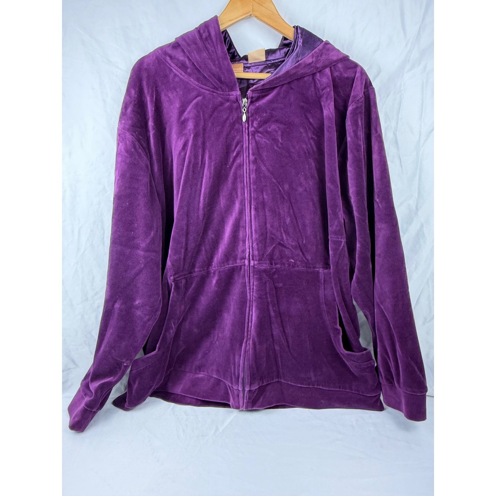 NorthCrest Womens Plus 3X Purple Velour Zip Up Hoodie Satin Lined Hood